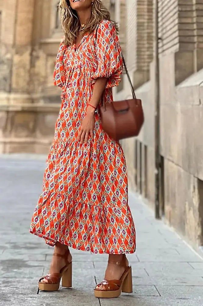 Boho V-Neck Print Lantern Sleeve Maxi Dress