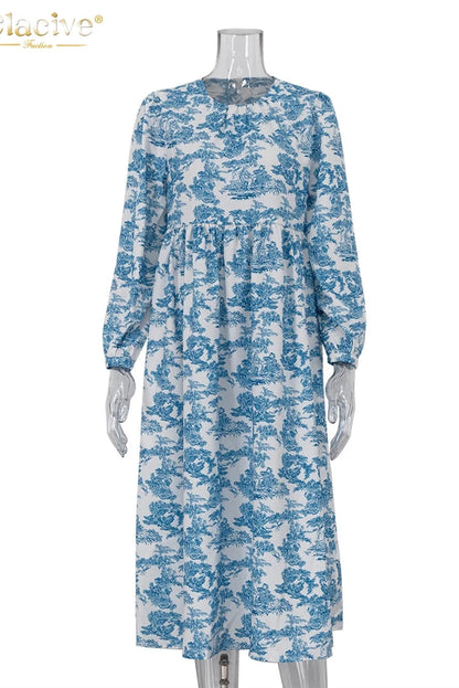 Print O-Neck Puff Sleeve Midi Dress