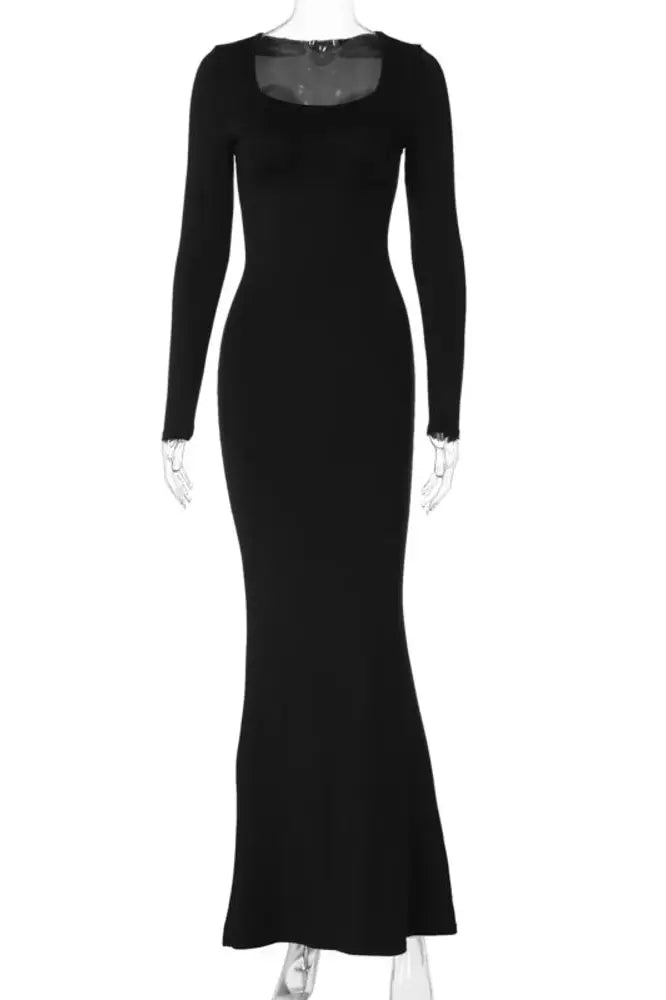 O Neck Black Lace-up Long Sleeve Maxi Dress
