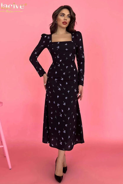 Square Collar Long Sleeve Maxi Dress