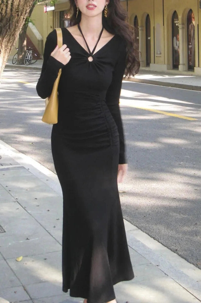 Long Sleeve Halter Bodycon Maxi Dress