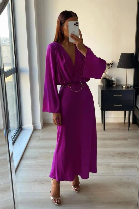 Elegant Long Sleeve V-Neck Maxi Dress