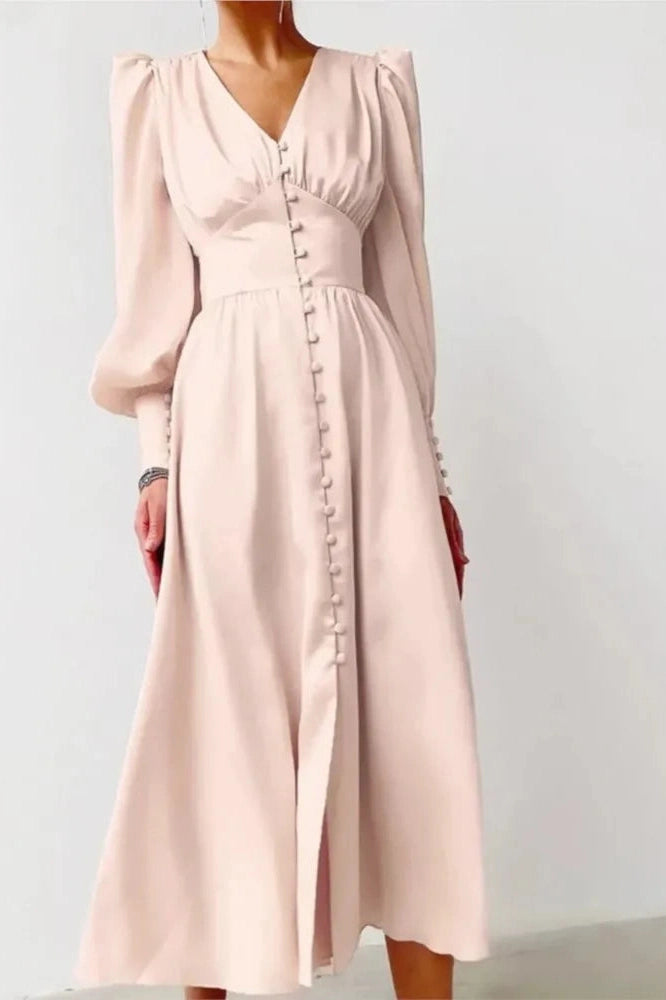 V-Neck Lantern Sleeve Midi Dress