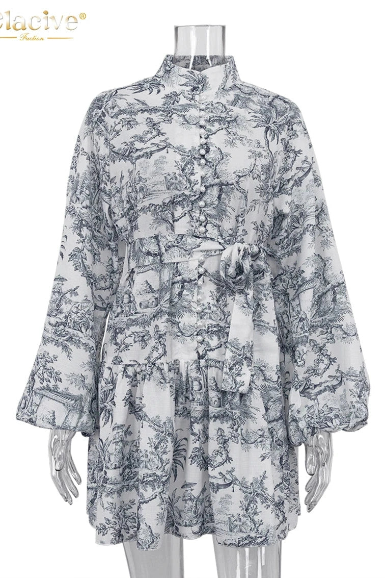 Elegant Print Puff Sleeve Mini Dress