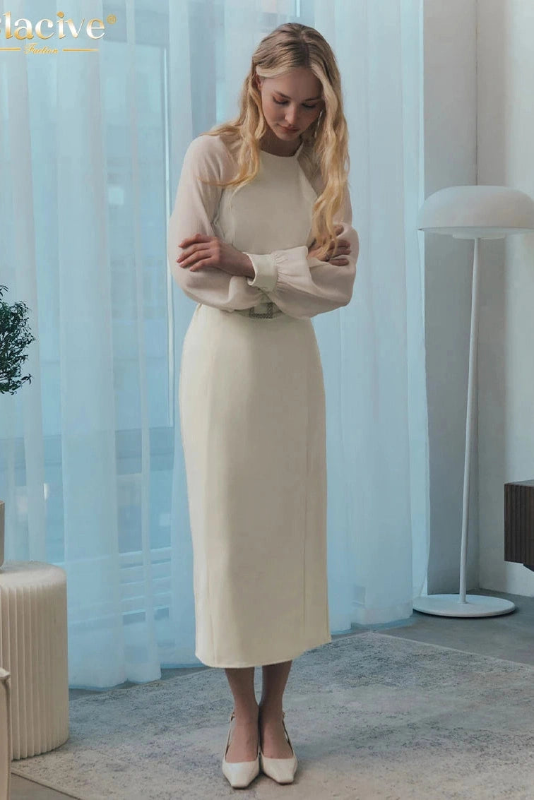 O-Neck Long Sleeve Midi Dress