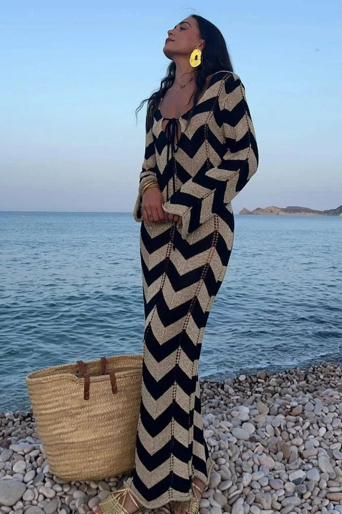 Elegant Striped Lace-Up Maxi Dress