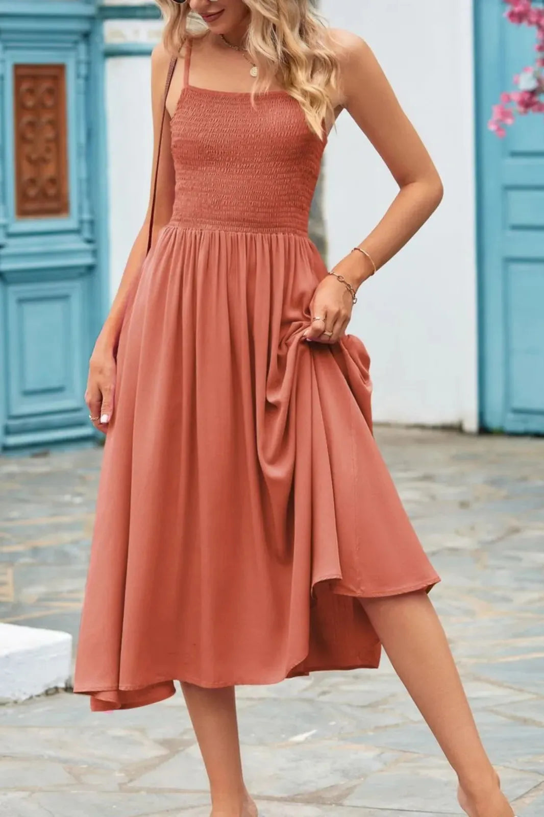 Square Neck Pleated Midi Dress