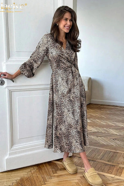 Print V-Neck Long Sleeve Midi Dress