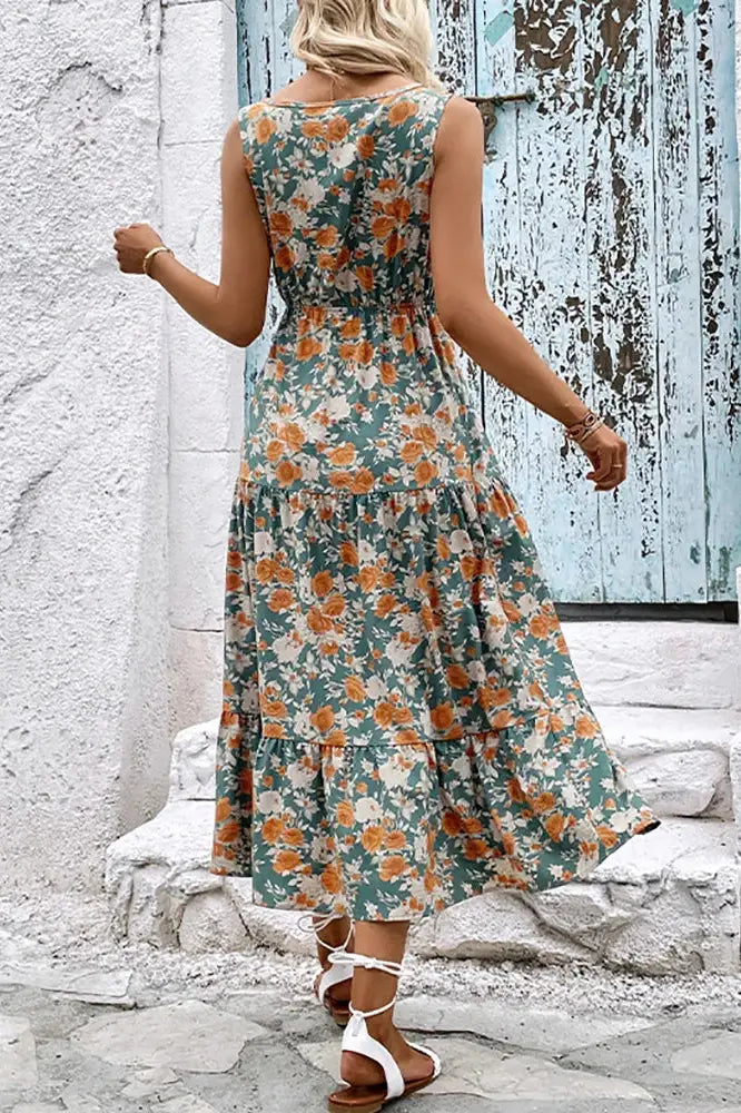 Elegant Floral Printed Bandage Sleeveless Maxi Dress