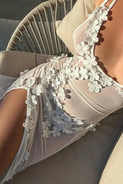 Floral Mesh See-Through High Split Maxi Dress