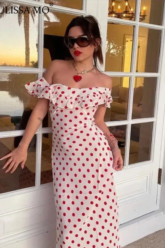Polka Dot Ruffles Off-Shoulder Maxi Dress
