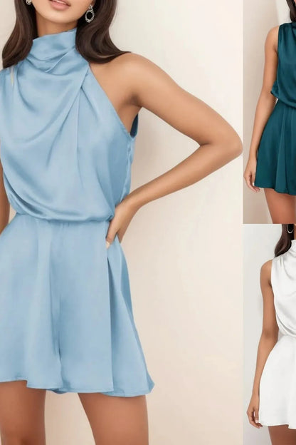 Sleeveless Satin Mock Neck Mini Dress