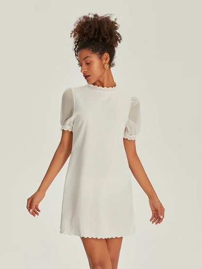 Elegant White Summer Short Dress for Office Ladies Crewneck Ruffle Hem Puff Sleeve Mini Dresses