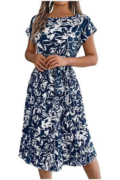 Elegant Neck Flower  Print Midi Dress