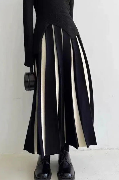 High Waist Patchwork Pleated Maxi Skirt