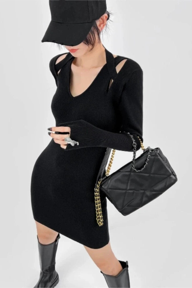 V-Neck Long Sleeve Bodycon Mini Dress