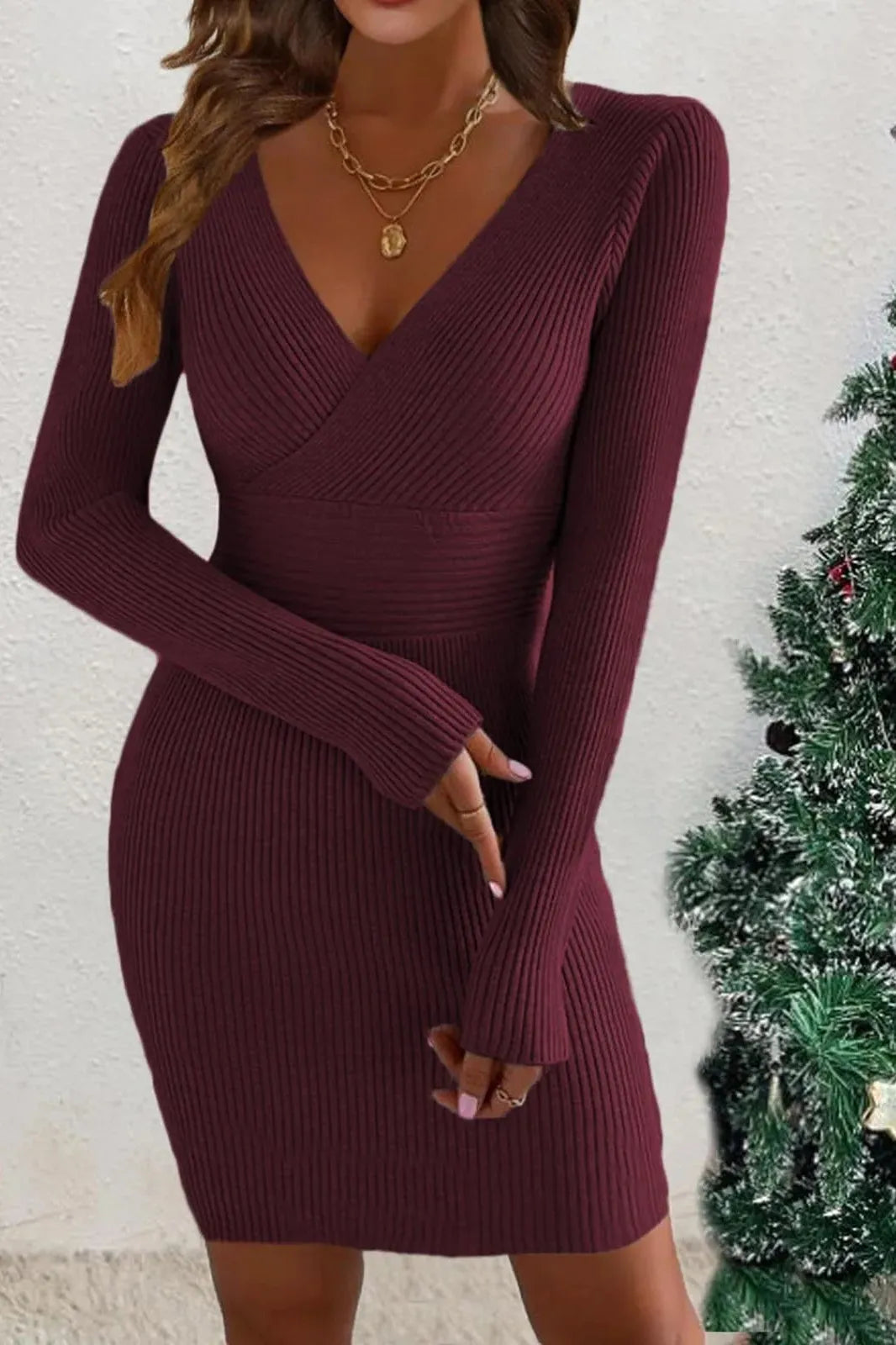 Long Sleeve V Neck Chic Elegant Mini Dress