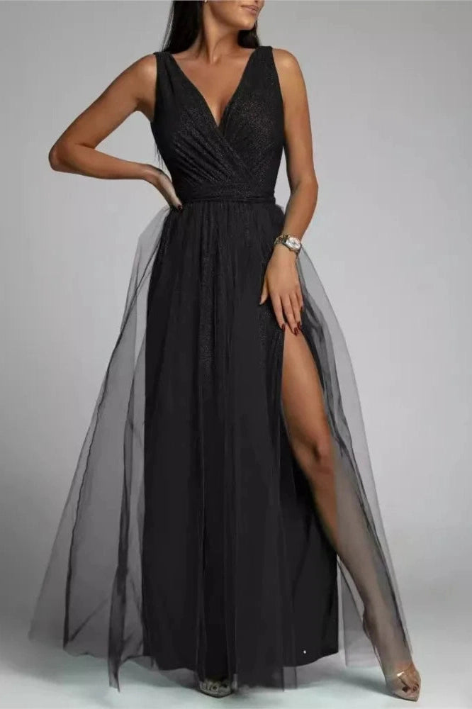 Elegant V-Neck Lace-Up Maxi Dress