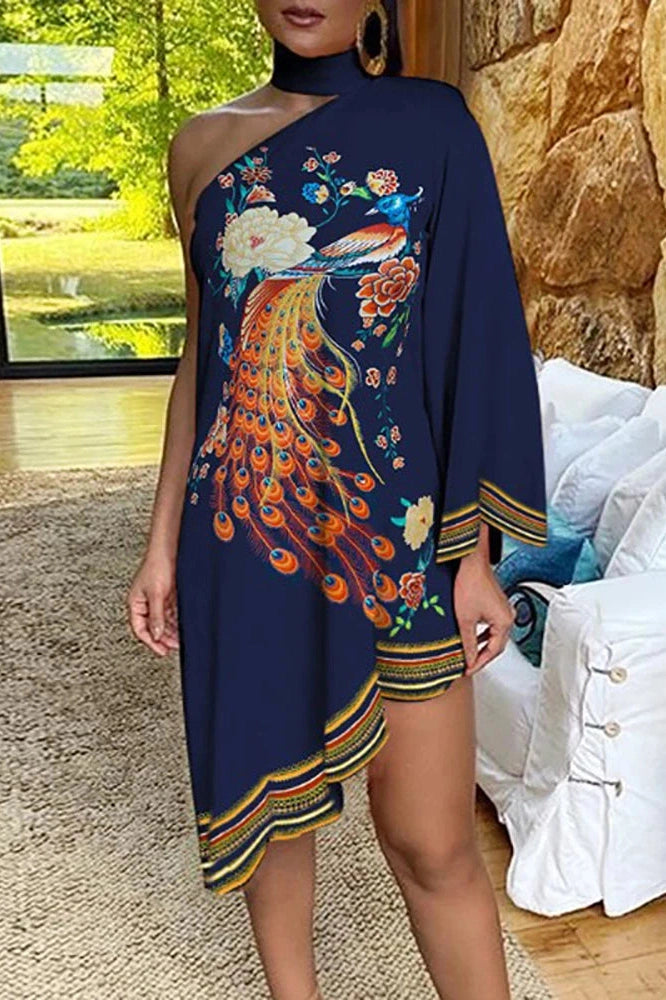 Irregular One-Shoulder Printed Midi Dress