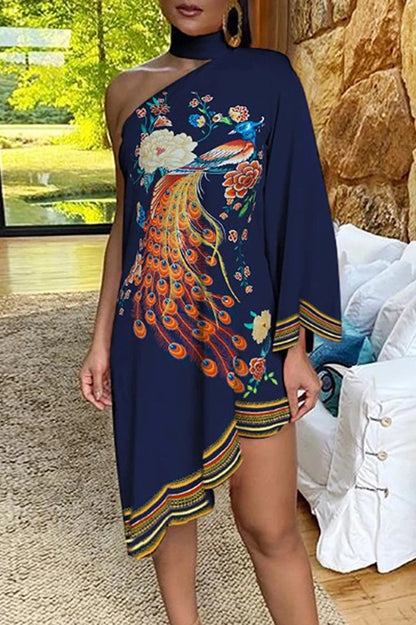 Irregular One-Shoulder Printed Midi Dress