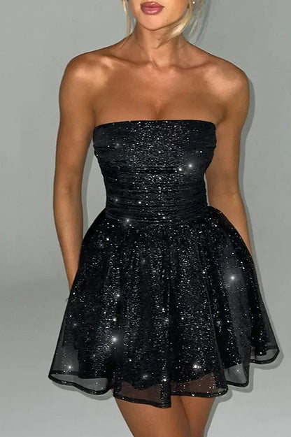 Glamorous Off-Shoulder Backless Pleated Sequin Strapless Mini Dress