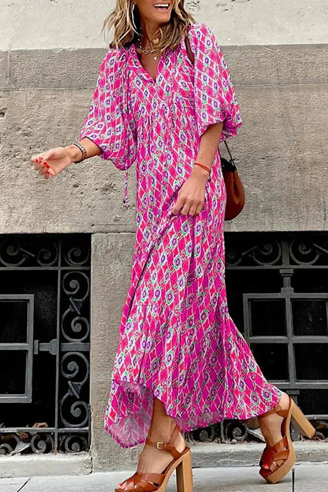 Boho V-Neck Print Lantern Sleeve Maxi Dress