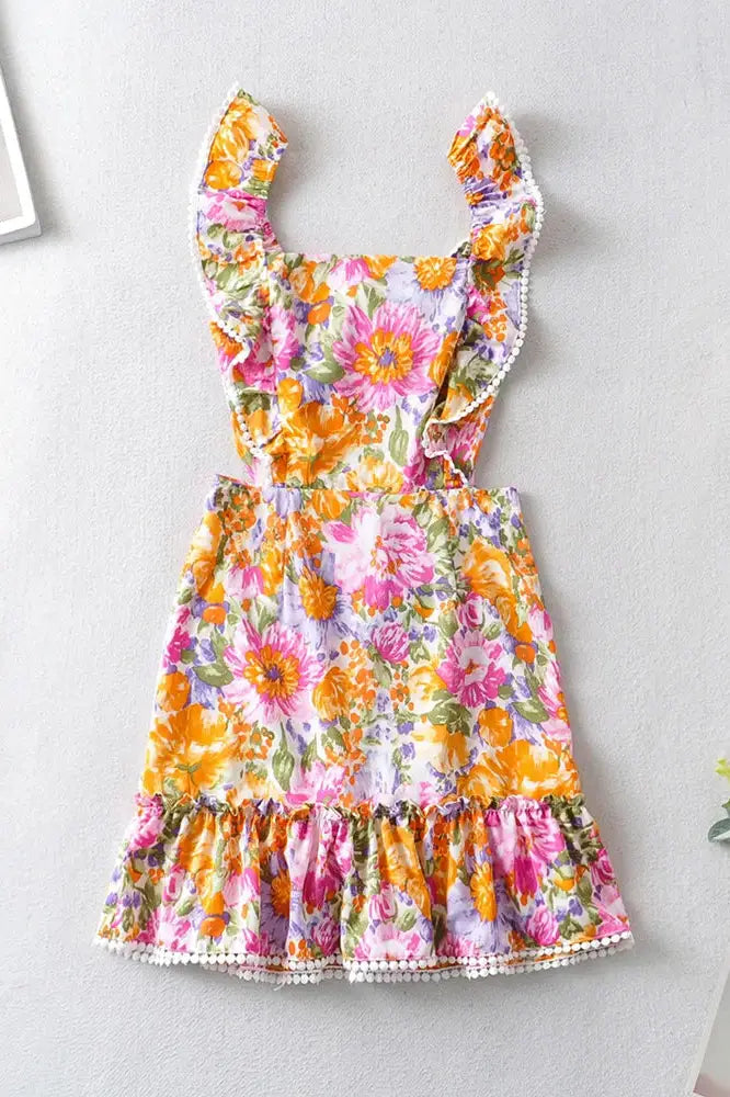 Square Neck Sleeveless Ruffle Hem Floral Print Mini Dress