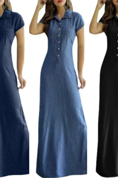 Turn-Down Collar Pocket Button Maxi Dress