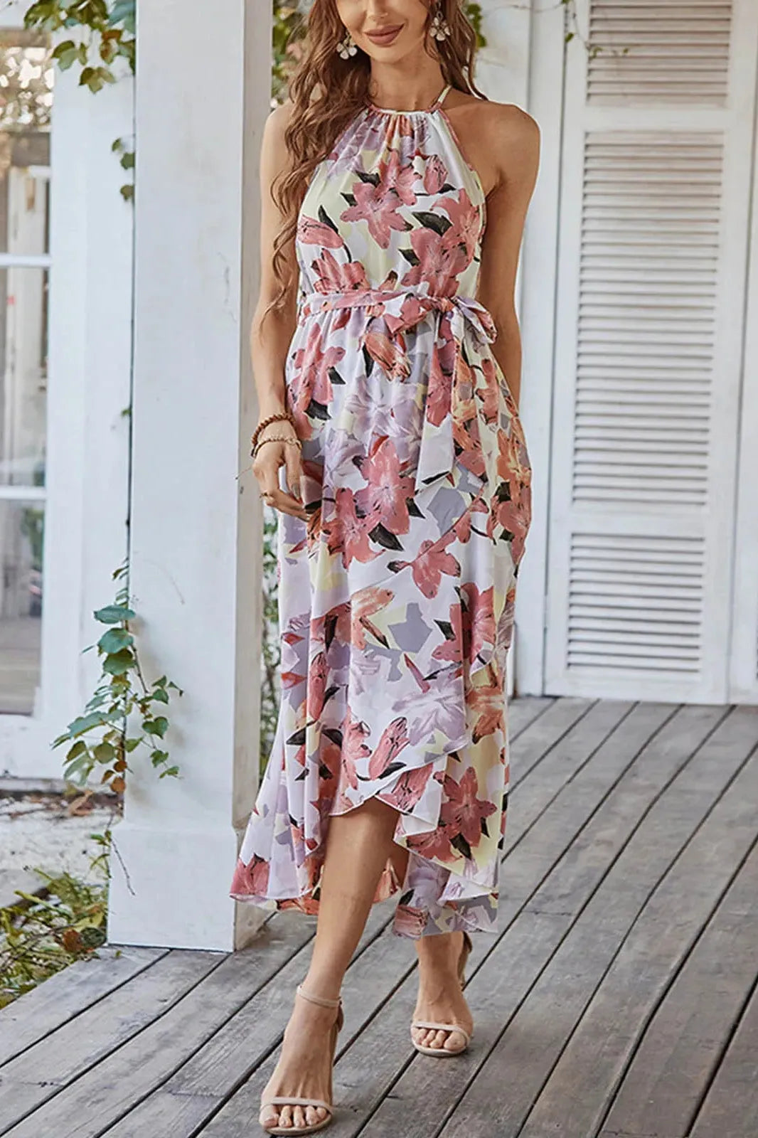 Sleeveless Halter Floral Print Maxi Dress