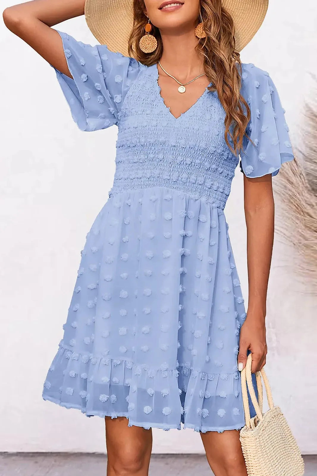 V Neck Smocked Dot Mini Dress