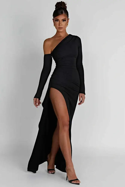 Elegant Oblique Shoulder High-Split Backless Bodycon Maxi Dress