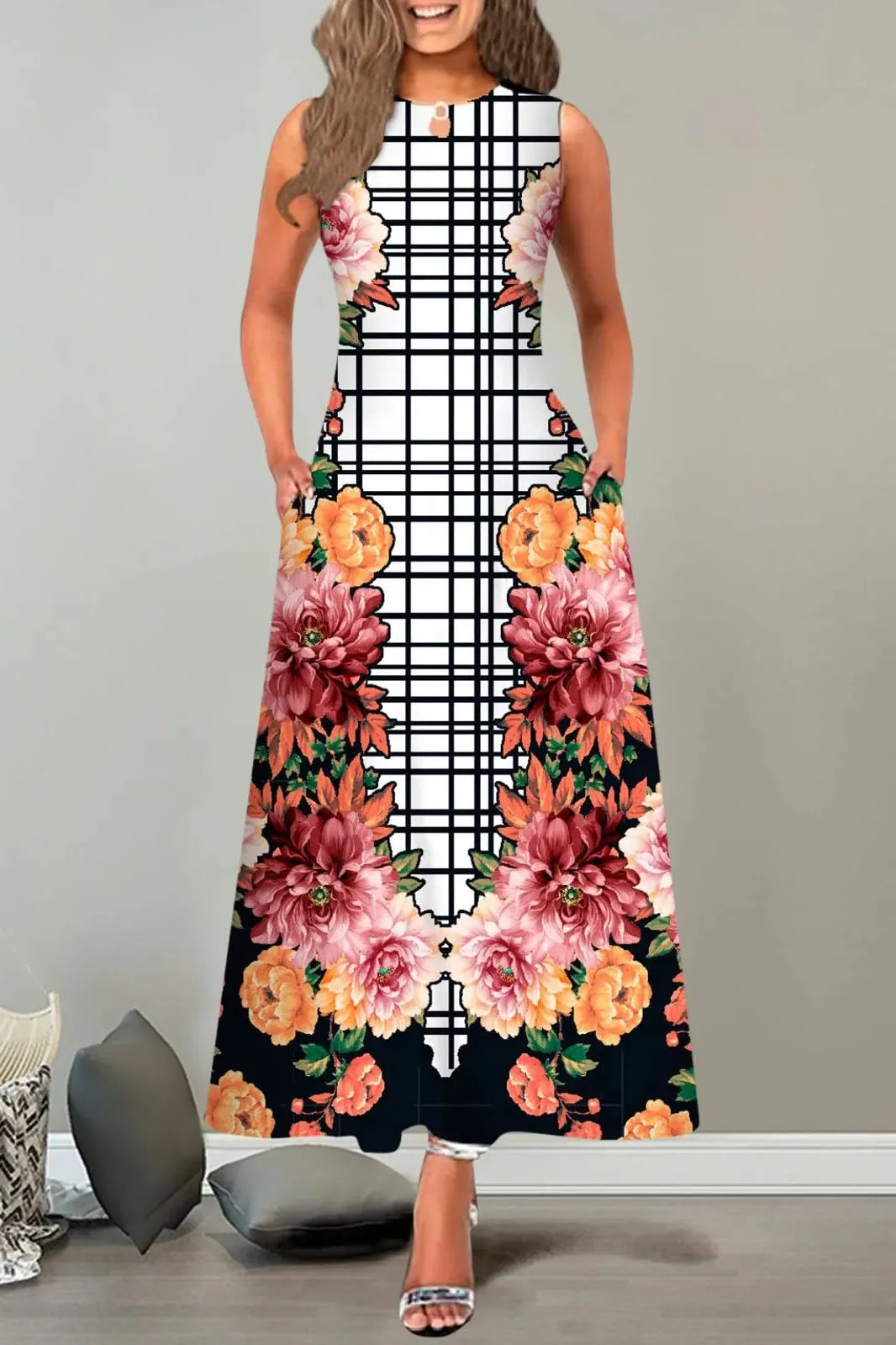 Sleeveless Floral Print A-Line Maxi Dress