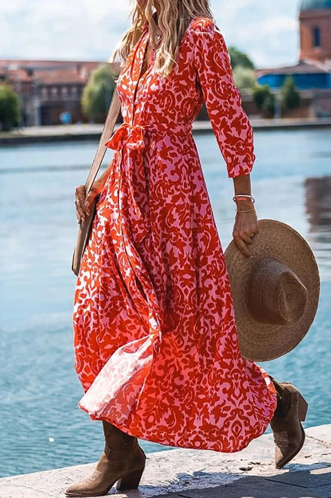 Elegant Long Sleeve Printed Maxi Dress