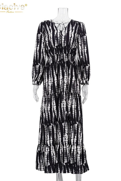 Print V-Neck Long Sleeve Maxi Dress