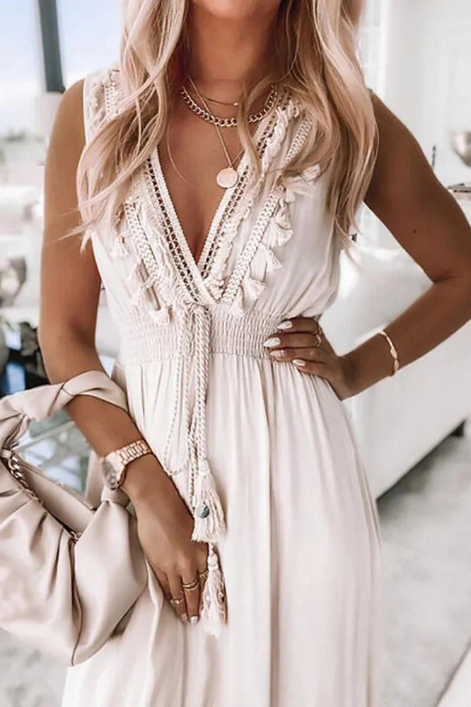 Elegant Sleeveless Deep V-Neck Midi Dress