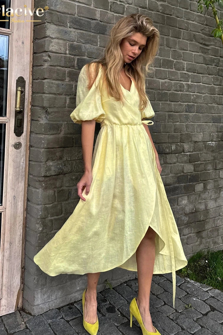 Elegant V-Neck Short Sleeve Midi Dress