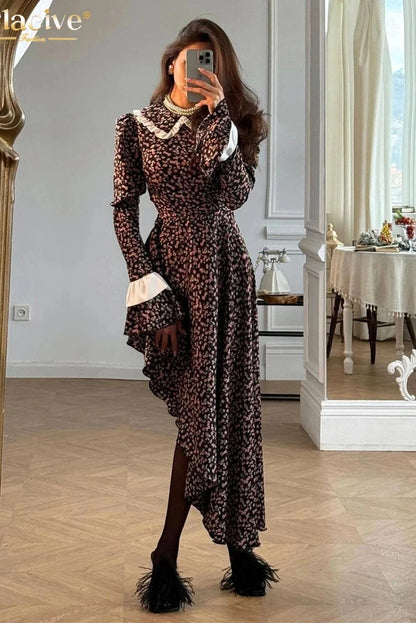 Elegant Long Sleeve Print Midi Dress