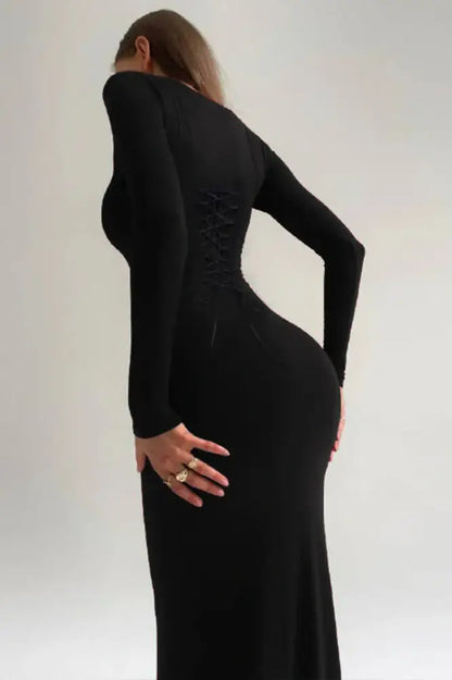 O Neck Black Lace-up Long Sleeve Maxi Dress