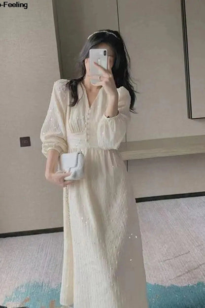 Elegant V-Neck Long Sleeve Midi Dress