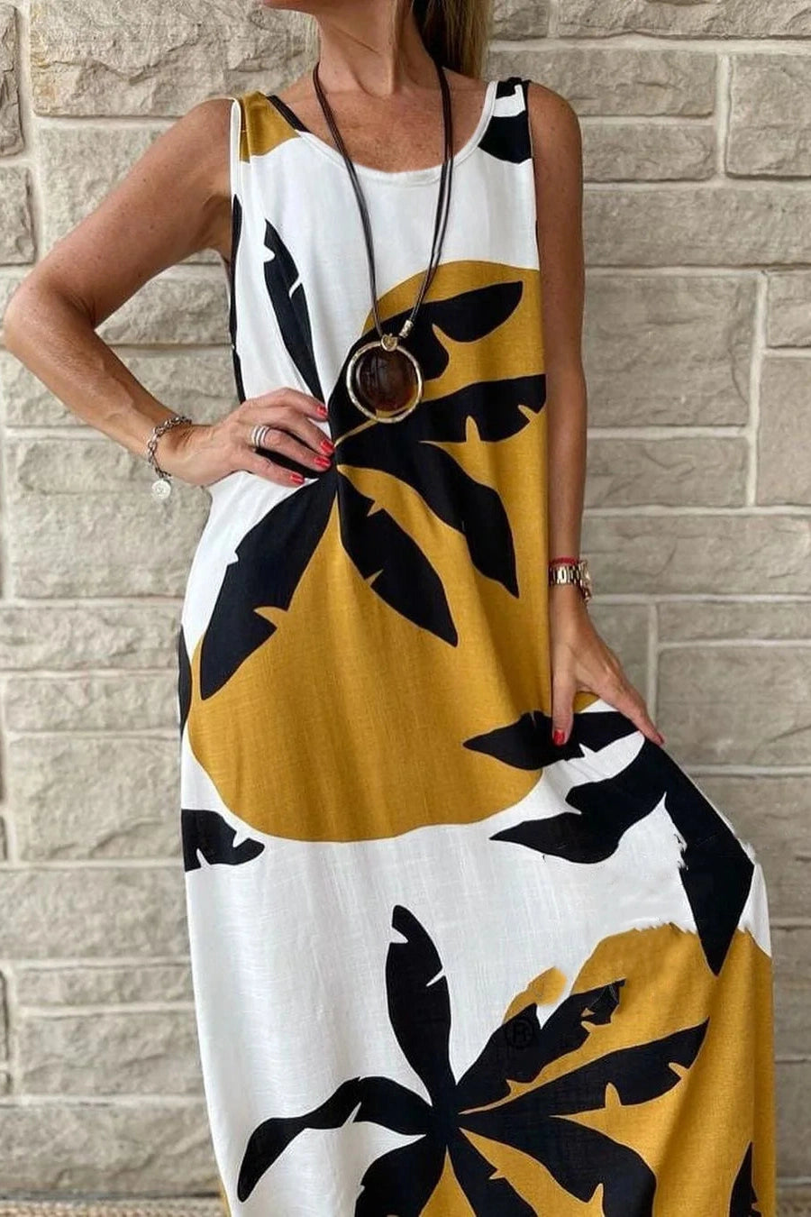 Elegant O-Neck Sleeveless Printed Maxi Dress