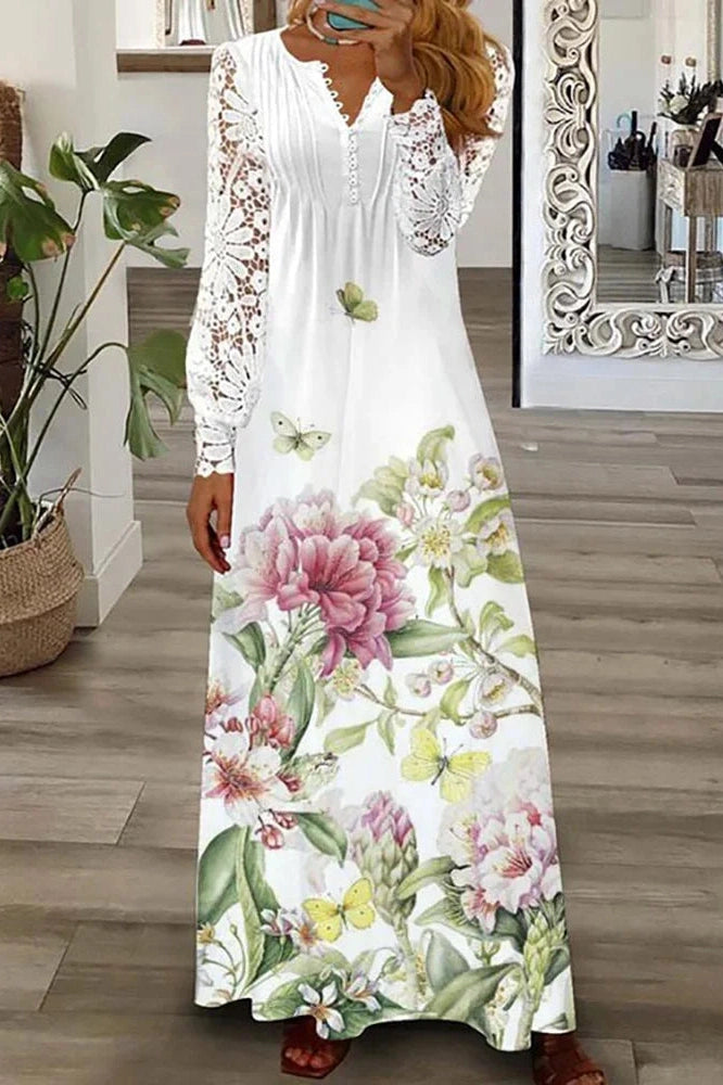 V-Neck Printed Long Sleeve Maxi Dress