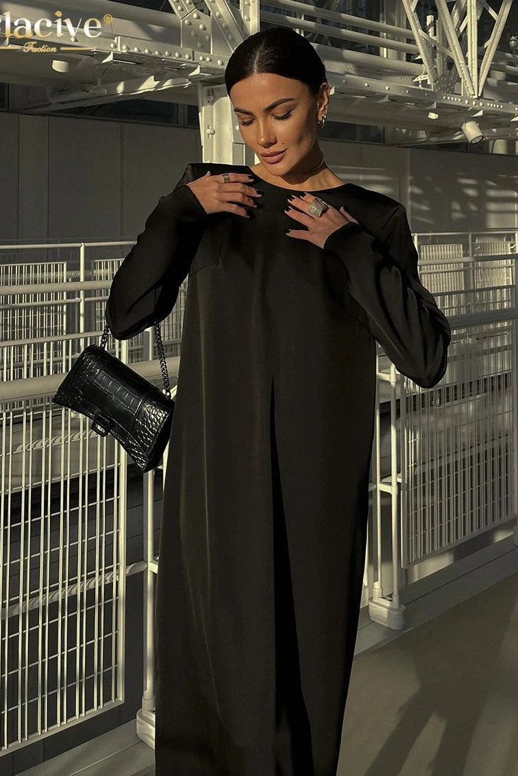 Elegant O-Neck Long Sleeve Midi Dress