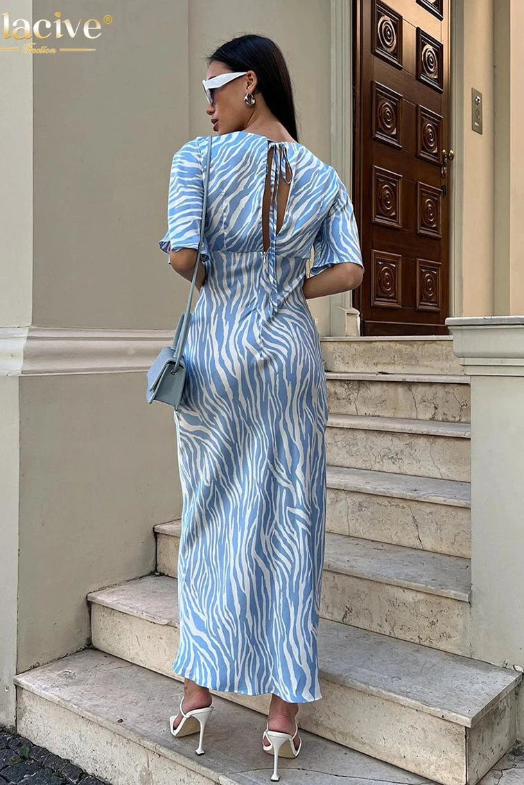 Elegant Printed V-Neck Maxi Dress