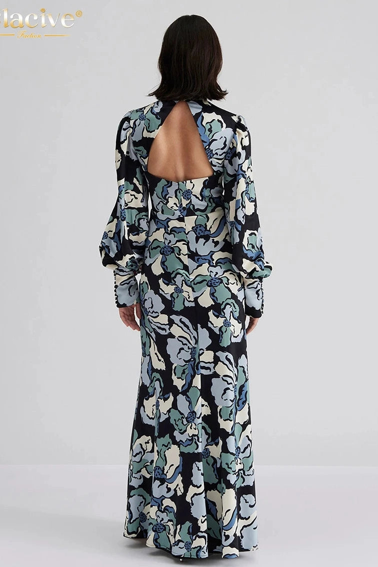 Elegant Print Long Sleeve Maxi Dress