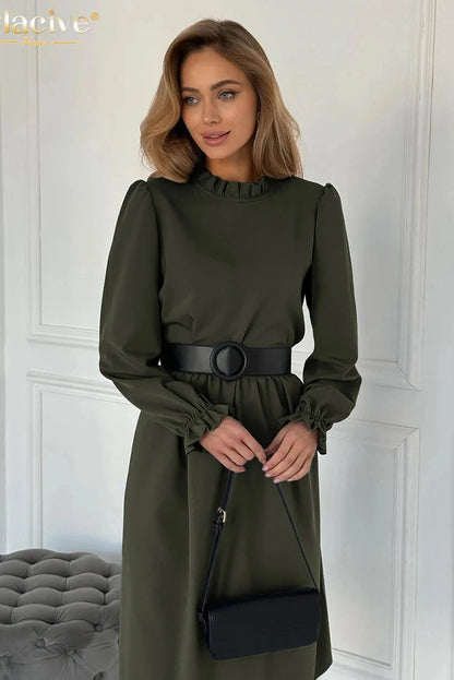 O-Neck Long Sleeve Midi Dress