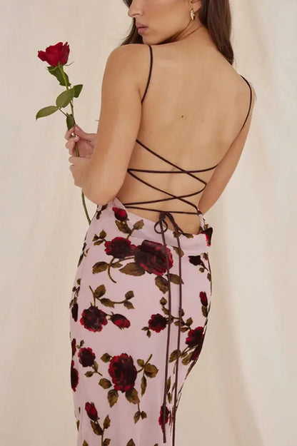 Floral Print Spaghetti Strap Backless Midi Dress