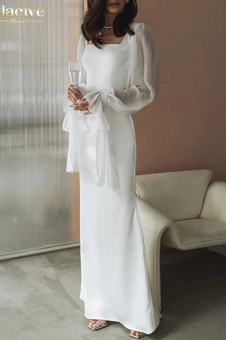 Square Collar Long Sleeve Maxi Dress