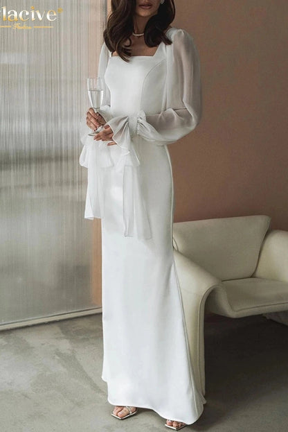 Square Collar Long Sleeve Maxi Dress