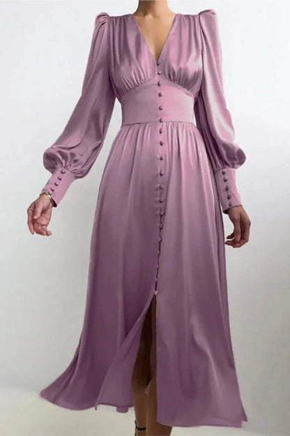 V-Neck Lantern Sleeve Midi Dress