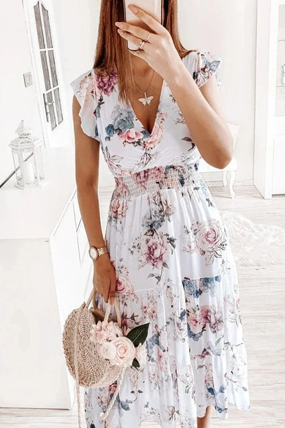 Printed V-Neck Short Sleeve Midi Dress